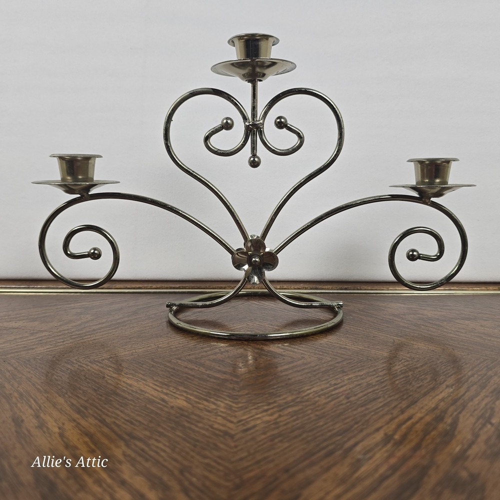 Vintage Brass Heart Scroll Triple Gold Candle Holder Candelabra Home Interiors